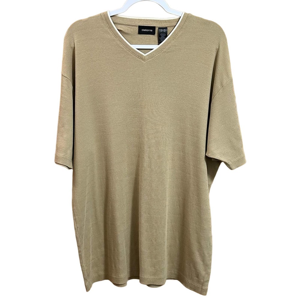 EUC, Claiborne Men’s Sz XXL Tan with Cream Trim V-Neck, Ribbed Short Sleeve Polo